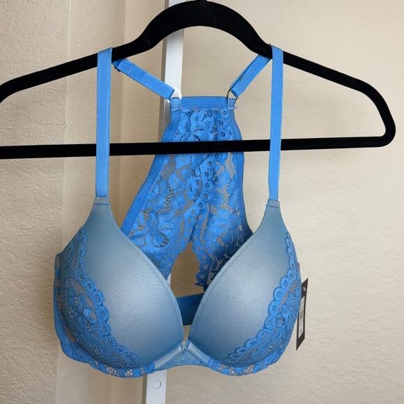 Fredericks of Hollywood Blue Heartthrob Lace Pushup Underwire Racerback Bra 32DD - Picture 2 of 4